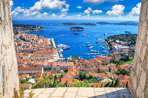Coastal summer landscape - top view of the City Harbour and marina of the town of Hvar from the fortress  on the island of Hvar  the Adriatic coast of Croatia