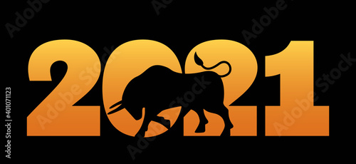 the inscription of gold numbers 2021 and the silhouette of a bull as a symbol of the new year.
