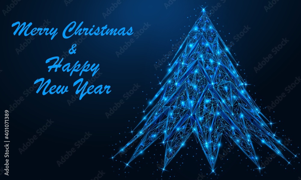 Christmas tree. Merry Christmas and happy New year. A low-poly construction consisting of concatenated lines and dots. Blue background.
