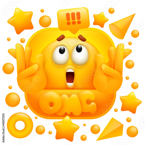 Omg web sticker. Yellow emoji character in 3d cartoon style. Social media icon