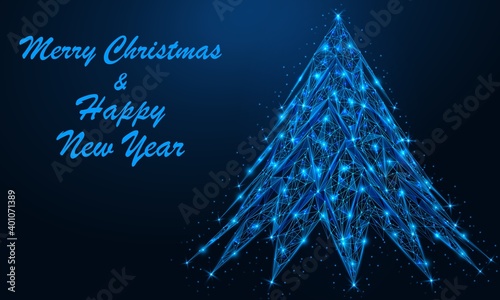 Christmas tree. Merry Christmas and happy New year. A low-poly construction consisting of concatenated lines and dots. Blue background.