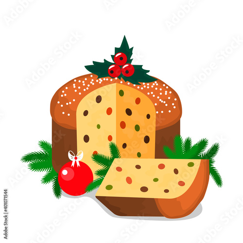 traditional christmas panettone with christmas tree branches, holly and christmas ball.