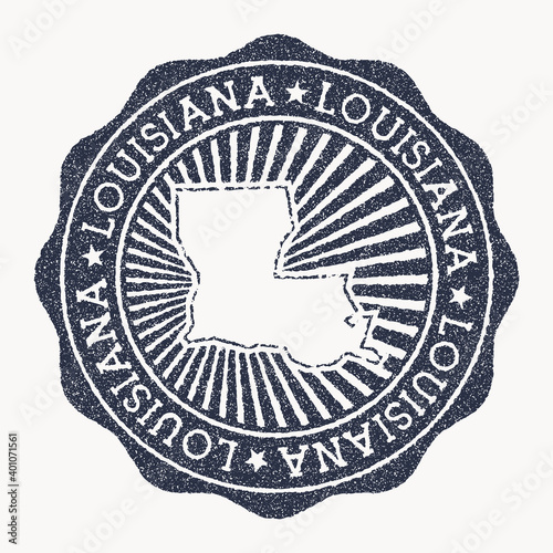 Louisiana stamp. Travel rubber stamp with the name and map of US state, vector illustration. Can be used as insignia, logotype, label, sticker or badge of Louisiana.