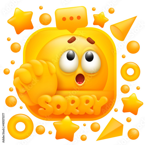 Sorry web sticker. Yellow emoji character in 3d cartoon style. Social media icon