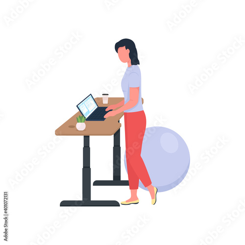 Woman working at standing desk flat color vector faceless character