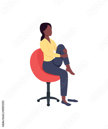 Woman in chair stretching leg flat color vector faceless character