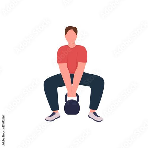 Male athlete with kettlebell flat color vector faceless character