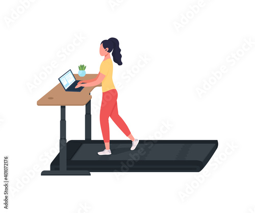 Woman working at treadmill workstation flat color vector faceless character