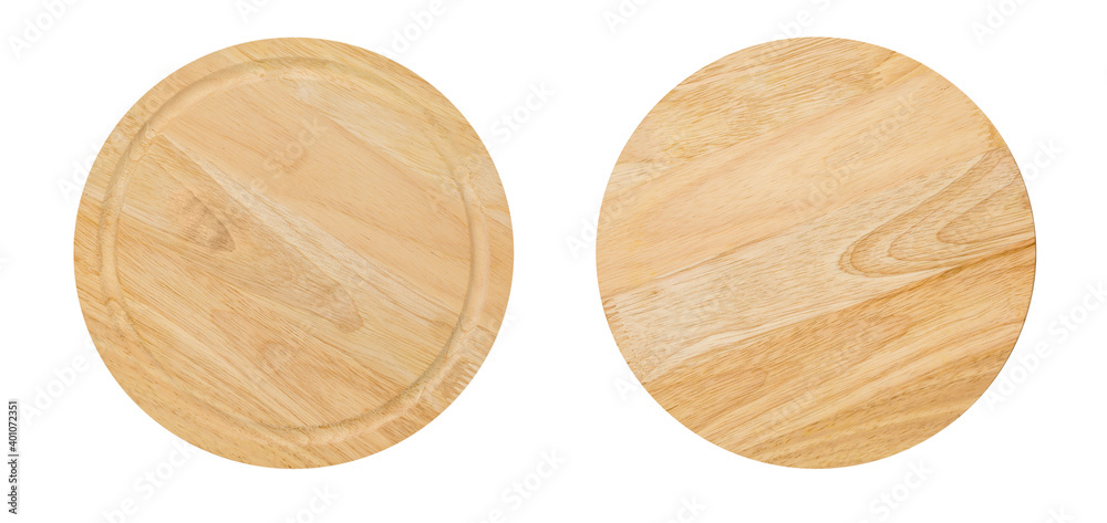 Two sides of round wooden cutting board for pizza isolated on white background. Mockup for food project.