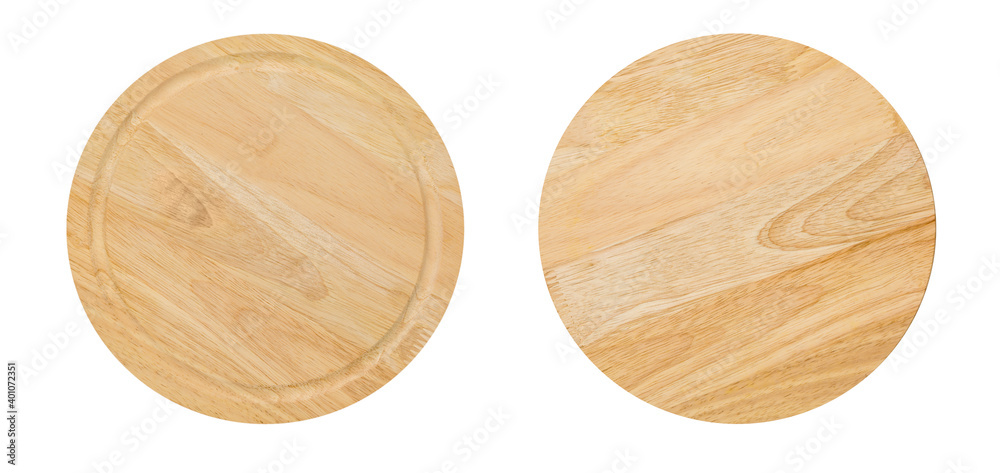 Two sides of round wooden cutting board for pizza isolated on white background. Mockup for food project. Two sides of round wooden cutting board for pizza isolated on white background. Mockup for food project.
