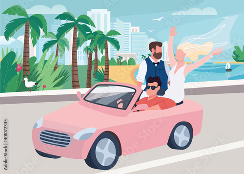 Newlywed riding car flat color vector illustration
