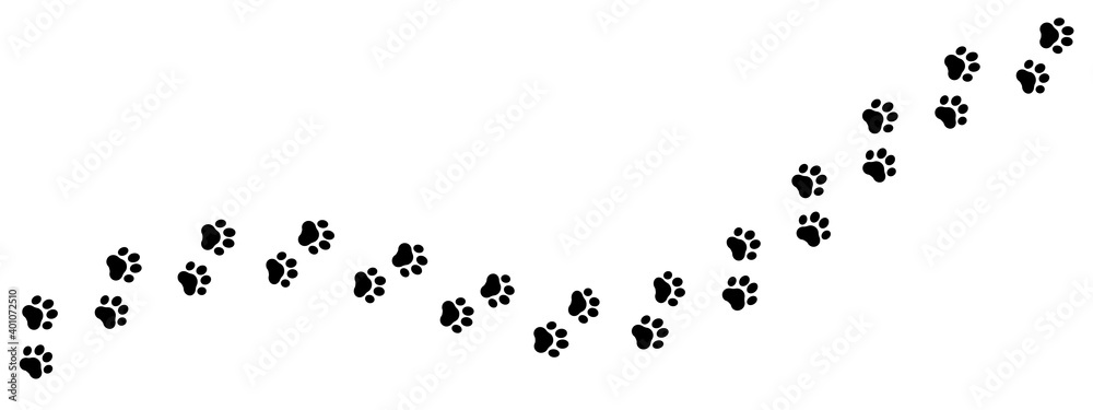Footprints for pets, dog or cat. Pet prints. Paw pattern. Foot puppy. Black silhouette shape paw print. Footprint pet. Animal track. Trace dogs, cats. Cute background turn right. Design walks. Vector Footprints for pets, dog or cat. Pet prints. Paw pattern. Foot puppy. Black silhouette shape paw print. Footprint pet. Animal track. Trace dogs, cats. Cute background turn right. Design walks. Vector
