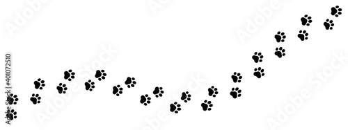 Footprints for pets, dog or cat. Pet prints. Paw pattern. Foot puppy. Black silhouette shape paw print. Footprint pet. Animal track. Trace dogs, cats. Cute background turn right. Design walks. Vector