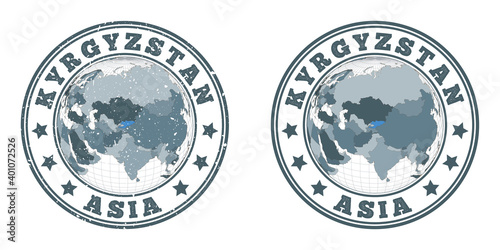 Kyrgyzstan round logos. Circular badges of the country with a map of Kyrgyzstan in a world context. Plain and textured country stamps. Vector illustration.