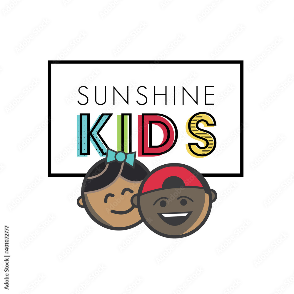 Happy Children Sunshine Kids Logo Daycare Church School Comic Invitation Fun Cartoon with Boy and Girl Happy Children Sunshine Kids Logo Daycare Church School Comic Invitation Fun Cartoon with Boy and Girl
