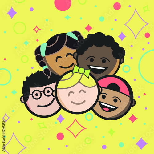 Group of Cute Kids Happy Faces Logo for Daycare Preschool Sunday school Church Organization Children Smiling Party Together Comic