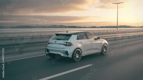 Aerial view of a self driving autonomous electric car driving along a bridge in to the sunset. E-mobility concept. Realistic high quality 3d animation. photo