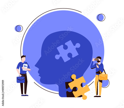 Memory loss brain amnesia problem. Tiny person forgets thoughts concept. Medical issue symbolic scene with missing puzzle piece in head vector illustration. Mental fogginess patient examination.