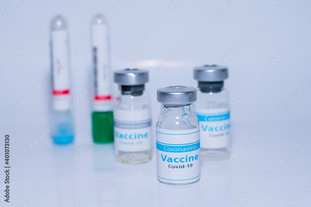 A single bottle vial of Covid-19 coronavirus vaccine in a research medical lab. 