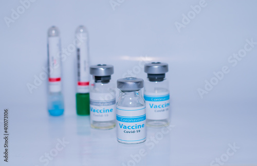 A single bottle vial of Covid-19 coronavirus vaccine in a research medical lab. 