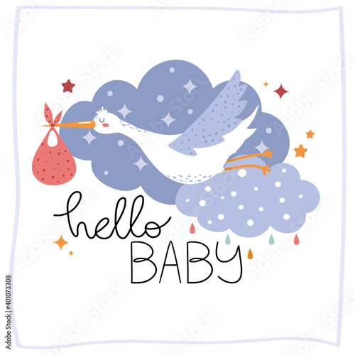 Lovely stork bringing a baby. Bird carrying a newborn. Clouds and stars. Hand drawn childish illustration for nursery poster, baby shower, greeting card, invitation, t-shirt, children room decor.