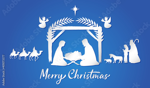Christmas scene of baby Jesus in the manger. Mary and Joseph silhouettes, Bethlehem star, angels. Three kings on camels. Christian holy family. Religious story image. Isolated graphic design template