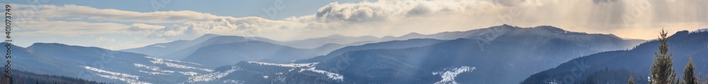Winter landscape, panorama, banner - top view of the snowy mountain valley in the Carpathians, in Ukraine - obrazy, fototapety, plakaty 
