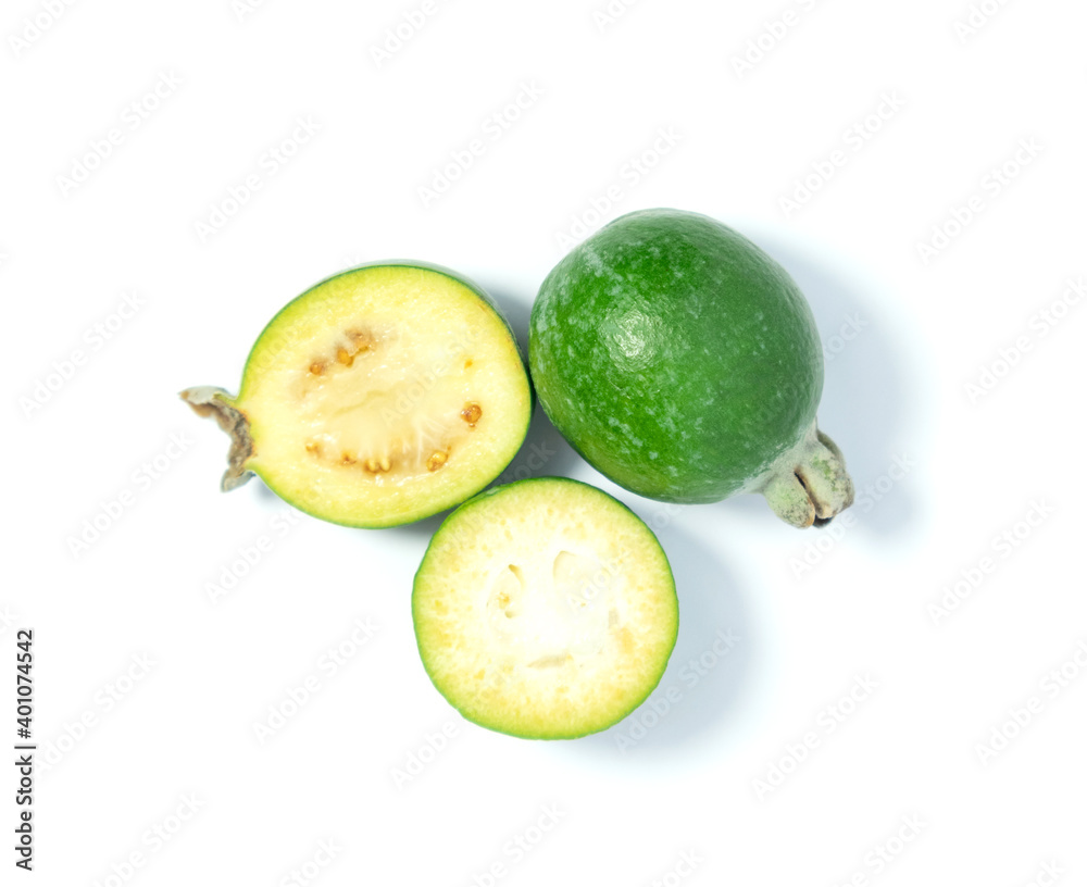 Feijoa fruits on white background. Tropical ripe feijoa fruits. Feijoa fruits on white background. Tropical ripe feijoa fruits.