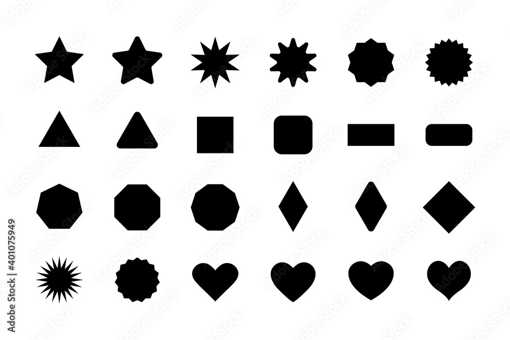 Basic shapes for design. Stars, triangle, hexagon, square, rectangle, heart. Geometric vector elements collection