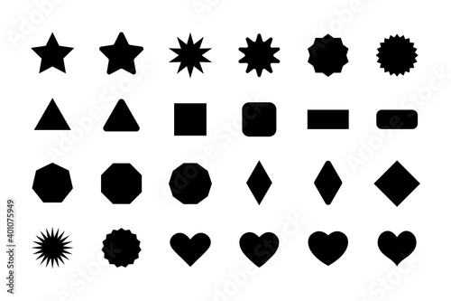 Basic shapes for design. Stars, triangle, hexagon, square, rectangle, heart. Geometric vector elements collection