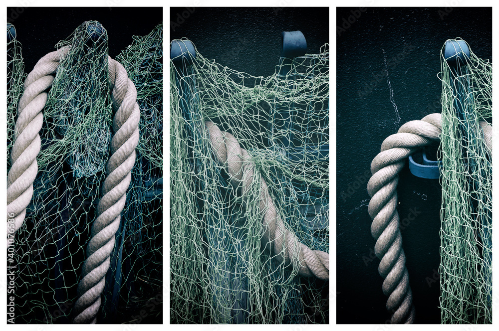 Fishing net and rope triptych. - obrazy, fototapety, plakaty 