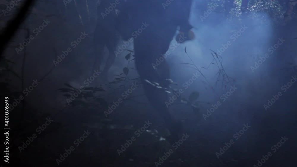 Rear view of frantic friends running in foggy woods at night