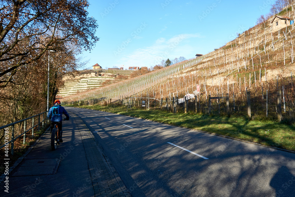 A bicycling person on the sidewalk at a street in the vineyards during the covid pandemic doing sport outside.