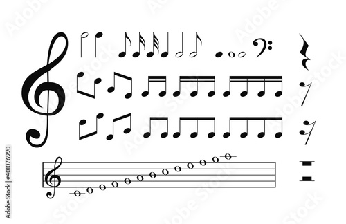 Musical notes, pauses, treble clef, music book. Vector Illustration. EPS10