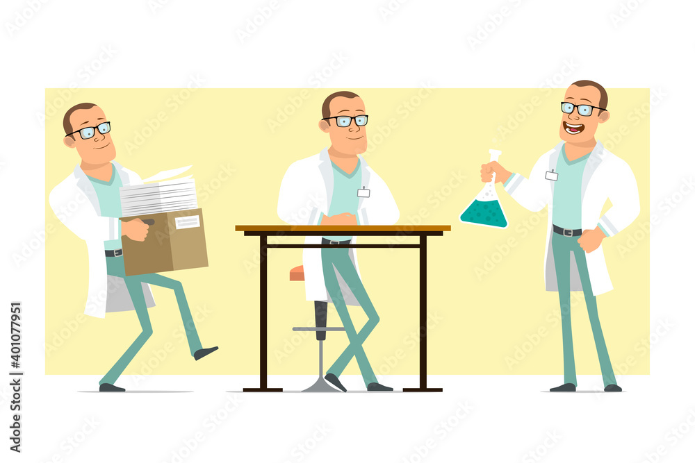 Cartoon flat funny strong doctor man character in white uniform and glasses. Boy carrying box with papers and holding chemical flask. Ready for animation. Isolated on yellow background. Vector set.