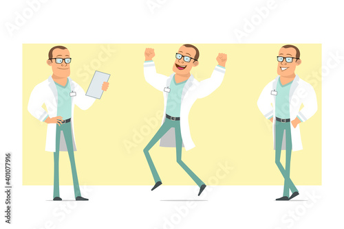 Cartoon flat funny strong doctor man character in white uniform and glasses. Boy jumping, posing and reading document. Ready for animation. Isolated on yellow background. Vector set.