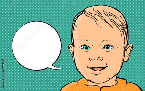 Small child with a smile on his face. Speaks words, place for text. Vector cheerful pop art illustration.