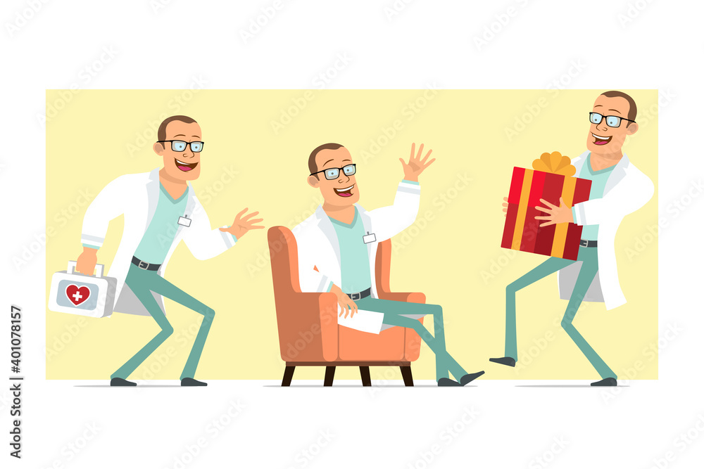 Cartoon flat funny strong doctor man character in white uniform and glasses. Boy sneaking and carrying new year holiday gift. Ready for animation. Isolated on yellow background. Vector set.