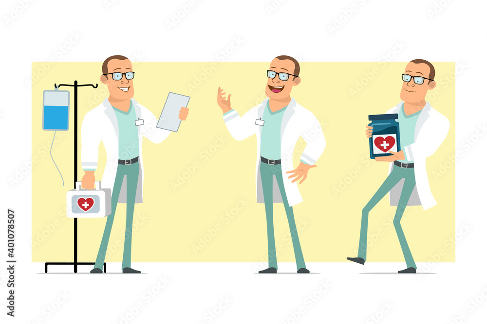 Cartoon flat funny strong doctor man character in white uniform and glasses. Boy reading note, holding, medical jar and first aid kit. Ready for animation. Isolated on yellow background. Vector set.