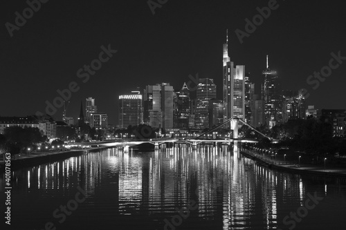 Frankfurt Skyline at Night with Reflections - Black and White © Maximilian