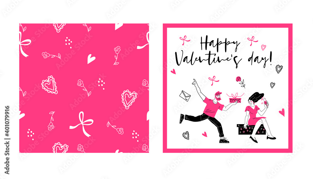 Set of backgrounds for Valentines Day with loving happy young couple and matching seamless pattern. Design for greeting Valentines cards and holiday decoration, hand drawn vector illustration. Set of backgrounds for Valentines Day with loving happy young couple and matching seamless pattern. Design for greeting Valentines cards and holiday decoration, hand drawn vector illustration.