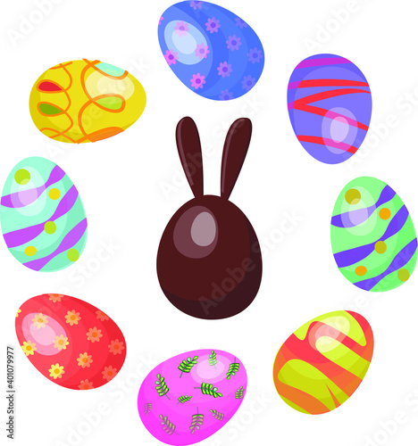 set of vector easter eggs with chocolate easter egg with bunny ears. 