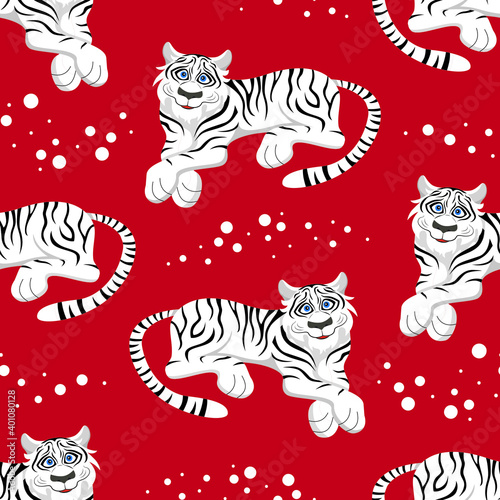 Cartoon smiling tiger and palm tropical leaves seamless pattern. Vector illustration.