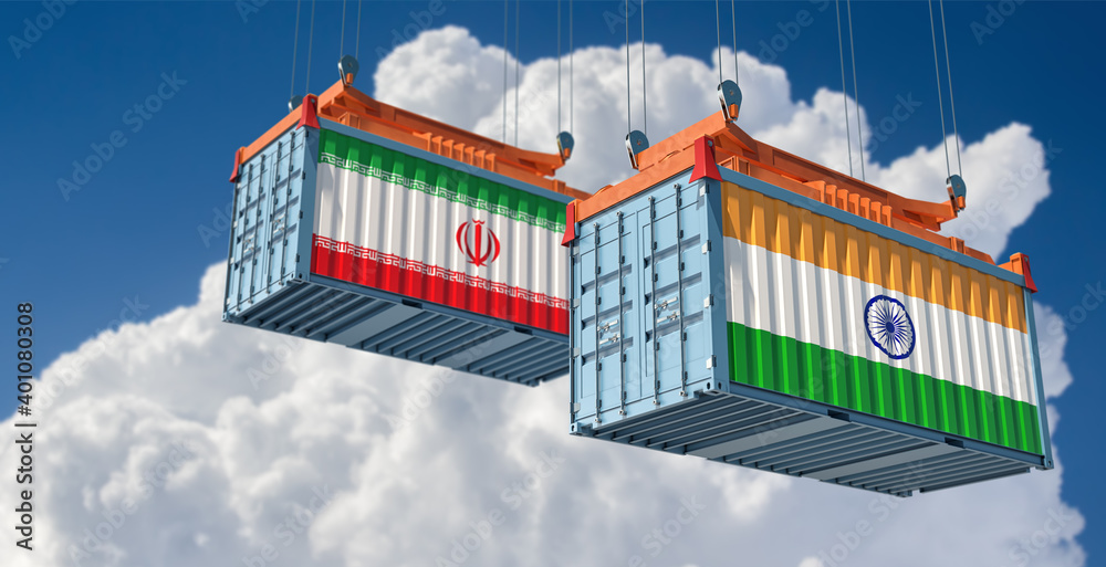 Freight containers with Iran and India national flags. 3D Rendering 