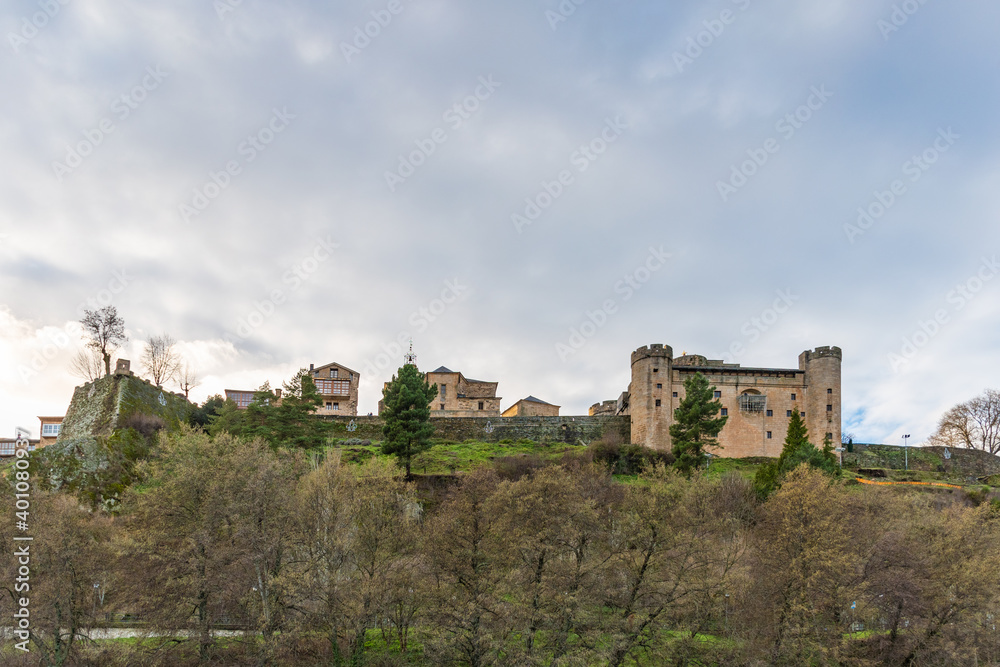 Panoramic view of Puebla de Sanabria, original stone wall, castle, church and houses. Listed as one of the most beautiful villages in Spain