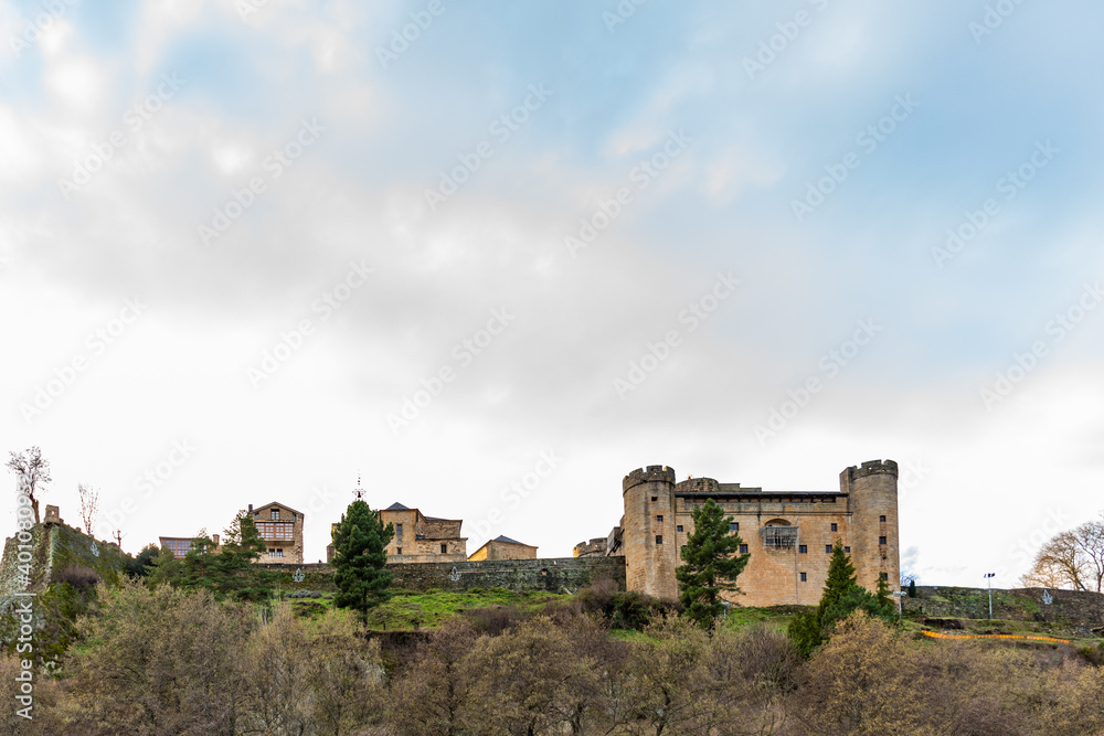 Panoramic view of Puebla de Sanabria, original stone wall, castle, church and houses. Listed as one of the most beautiful villages in Spain