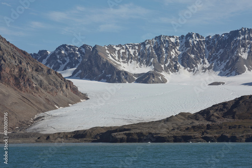 Mountains, glaciers and coastline landscape close to a village called "Ny-Ålesund" located at 79 degree North on Spitsbergen