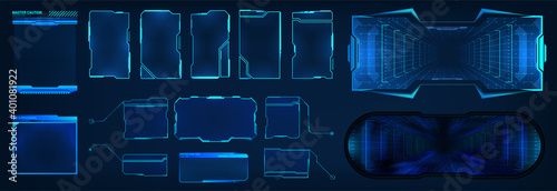 Frame Sci HUD. Vector futuristic screens for GUI, UI design. Set titles, virtual reality cyberspace, frame screens and other. Hi-tech callout bar labels, digital templates. HUD windows collection