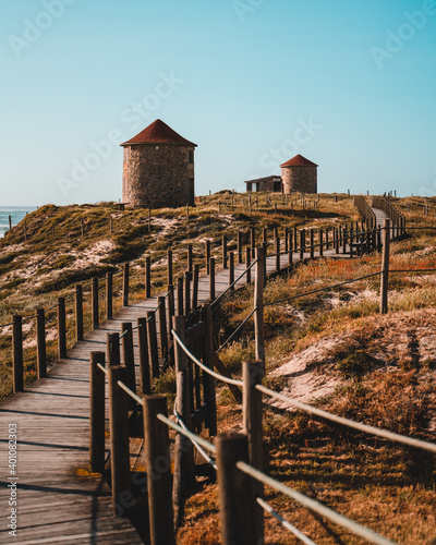 Amazing blue sky, Mill (Moinho) at the beach in Apúlia, Braga, Portugal