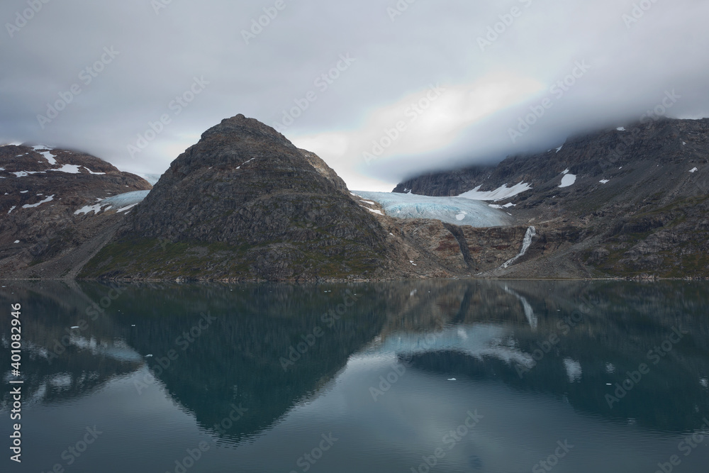 Glaciers and coastline landscape of the Prince Christian Sund Passage in Greenland